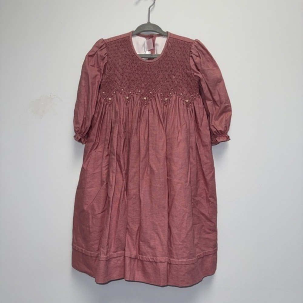 Vtg Smocked Dress Girls Sz 3T Heirloom Will' Beth Pearls Pink Full length Linen